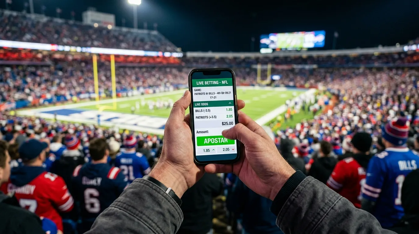 Aficionados en el estadio consultando apuestas en vivo durante el Super Bowl
