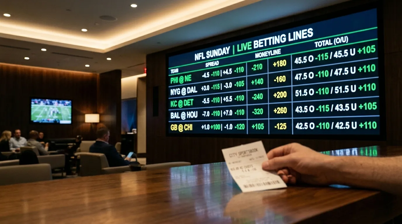 Pantalla de sportsbook mostrando mercados de apuestas del Super Bowl